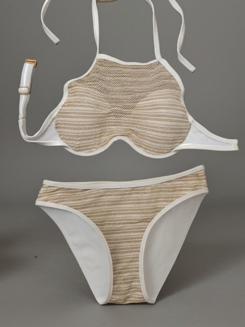 VENUS Cream and White Textured Halter Bikini